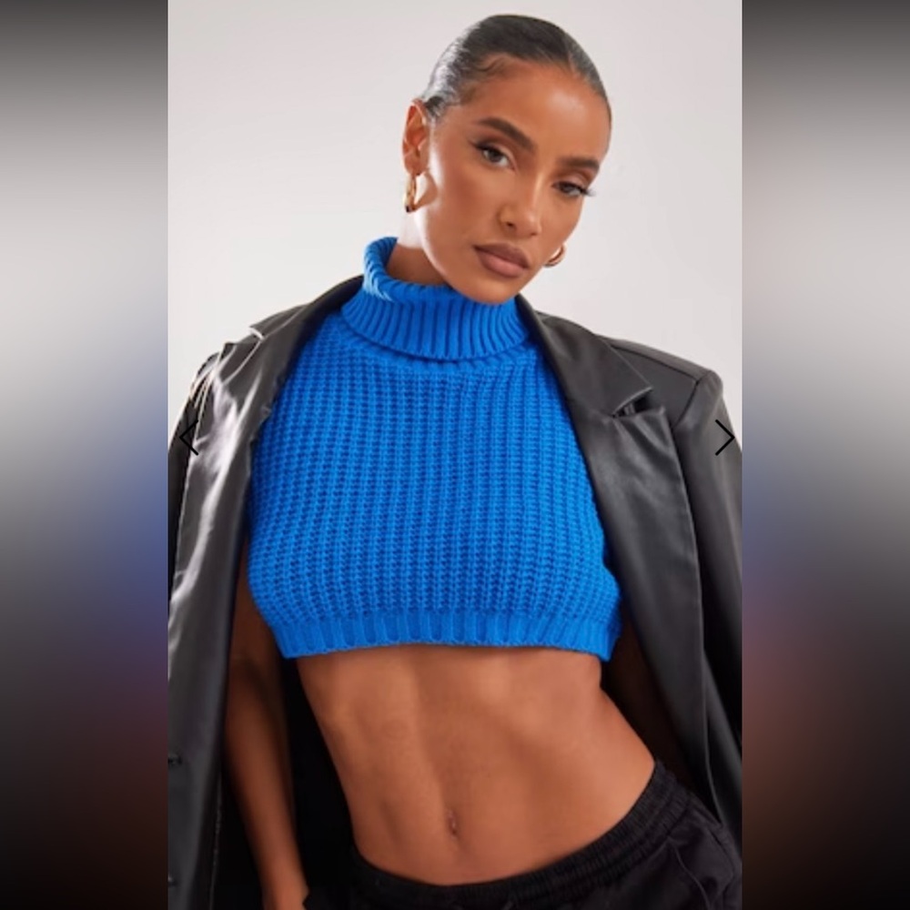 Blue Chunky Knit Roll Neck Tank